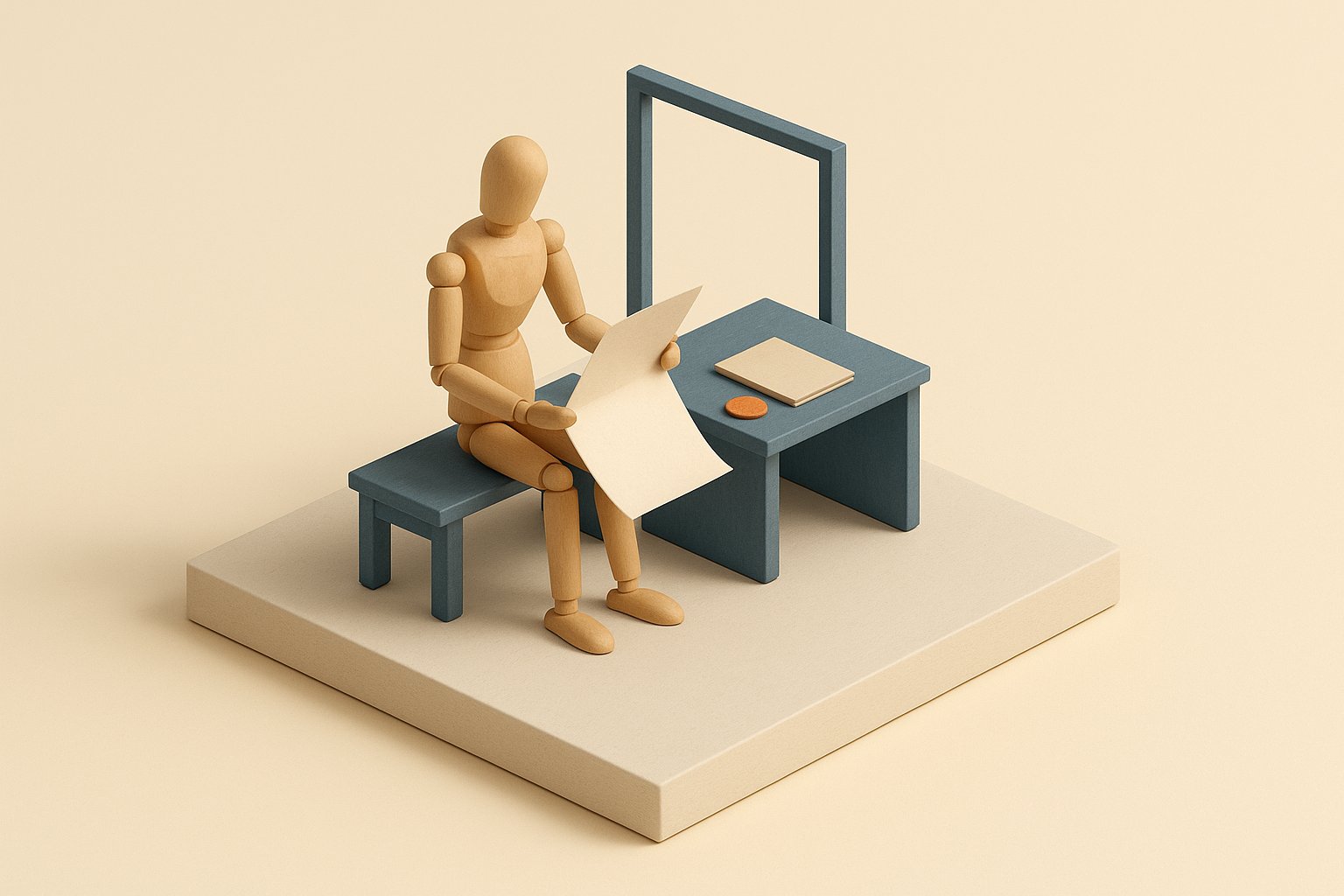 Diorama : un mannequin de bois assis lit un grand document vierge déplié sur ses genoux, près d'un bureau