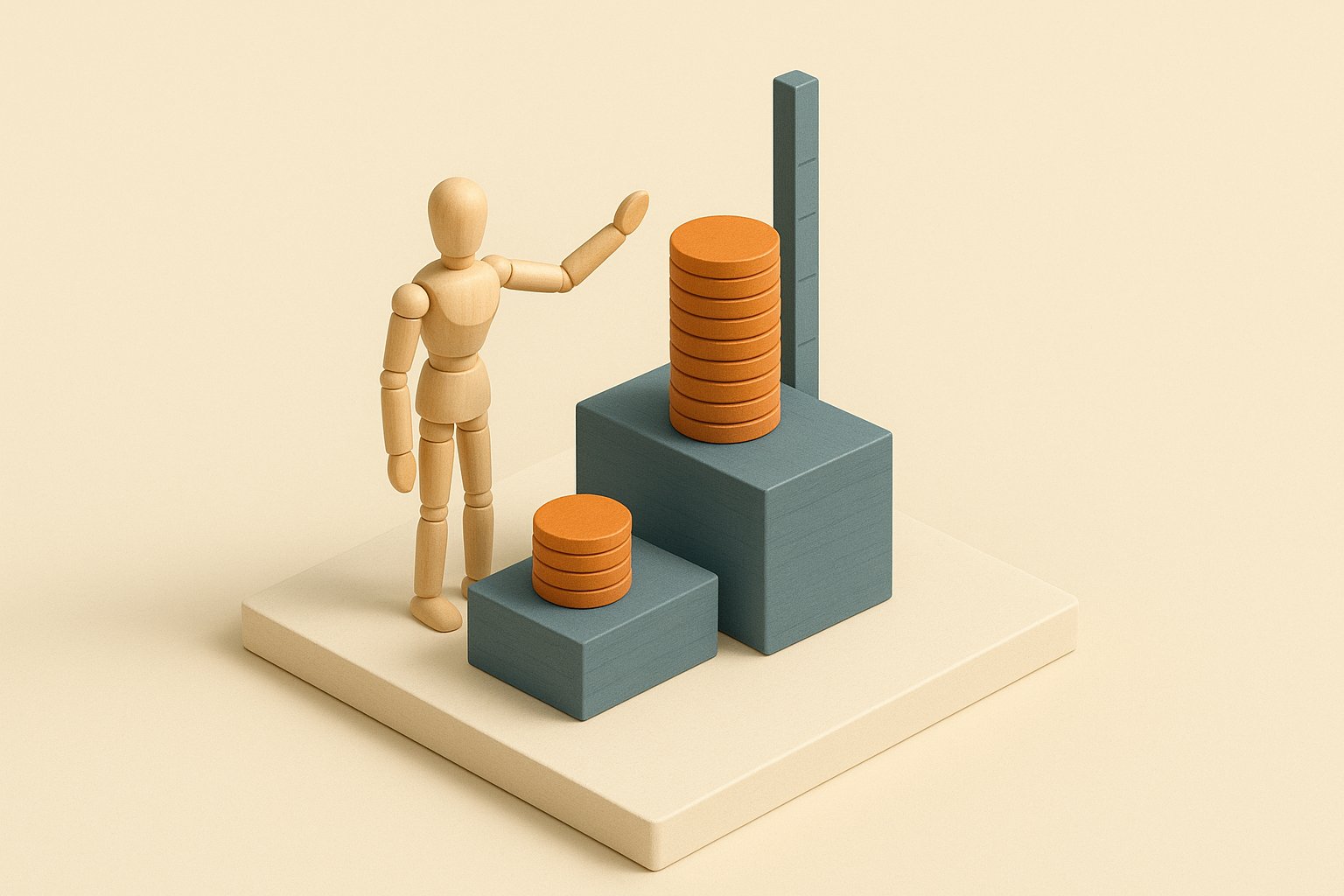 Diorama : une petite pile de jetons face à une pile deux fois plus haute, illustrant l'écart entre le capital emprunté et le total remboursé