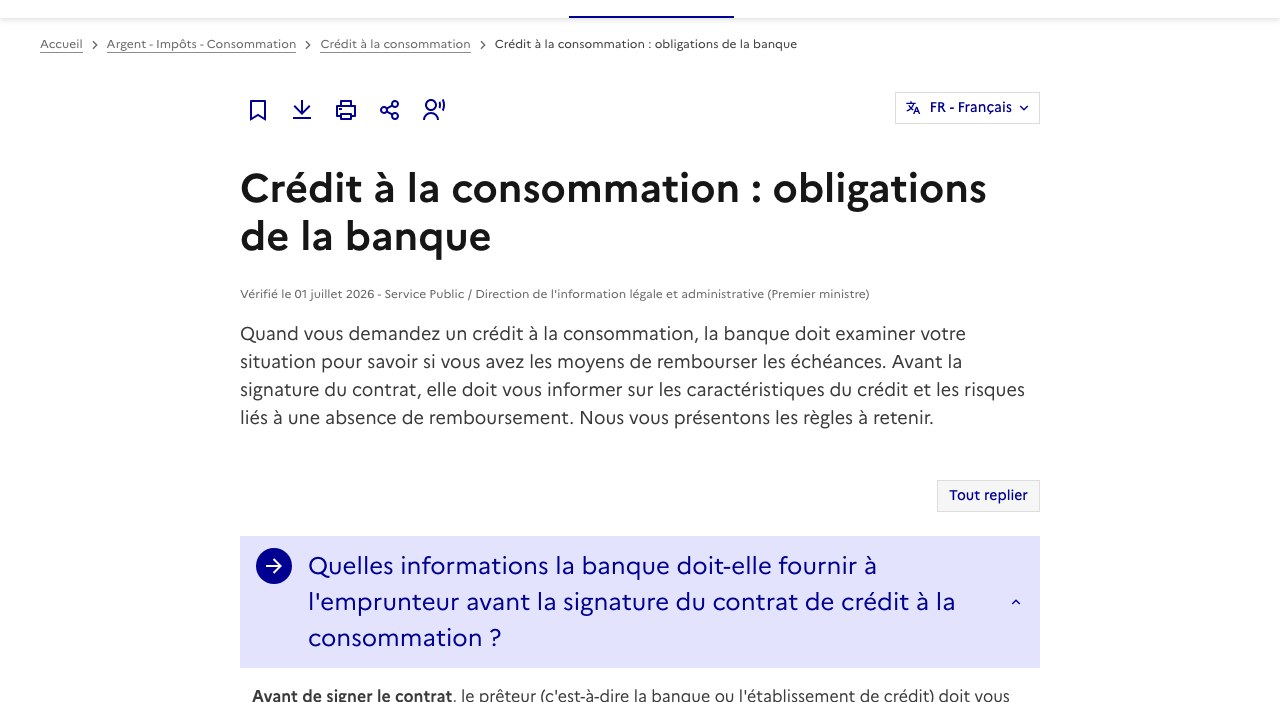 Capture de la fiche service-public.gouv.fr Crédit à la consommation : obligations de la banque, vérifiée le 1er juillet 2026