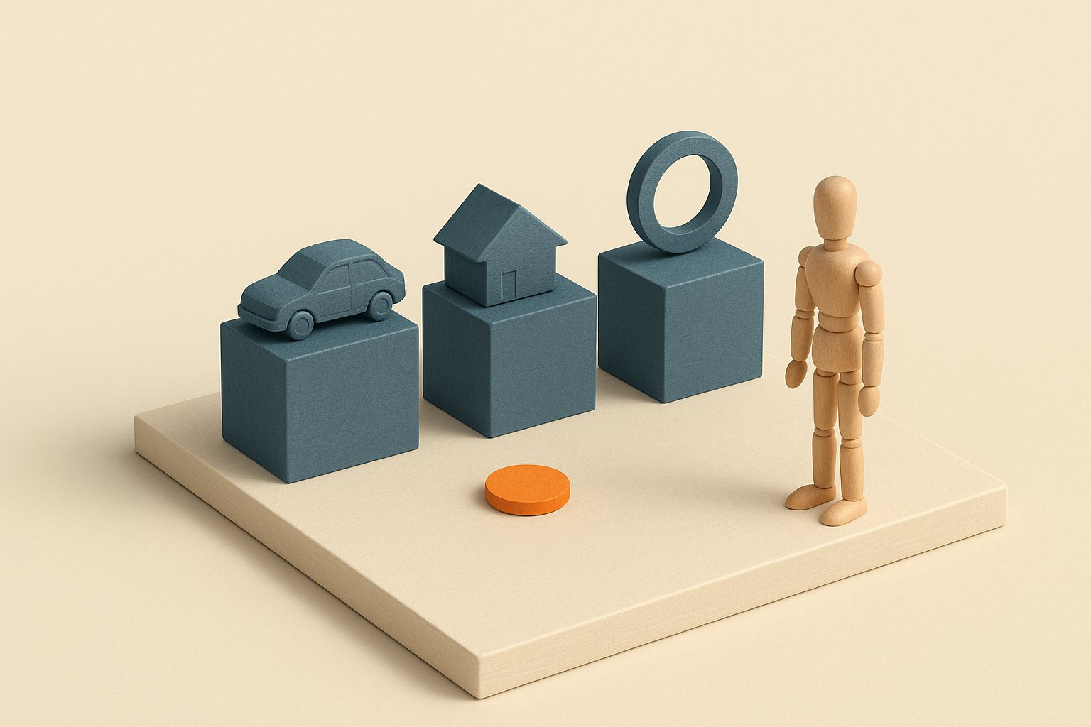 Diorama : trois socles portant une voiture, une maison et un anneau, symbolisant le crédit affecté, le crédit immobilier et le crédit renouvelable