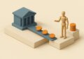 Diorama : une banque miniature relie par une passerelle a un emprunteur, des jetons circulent vers lui et une pile plus haute attend le remboursement