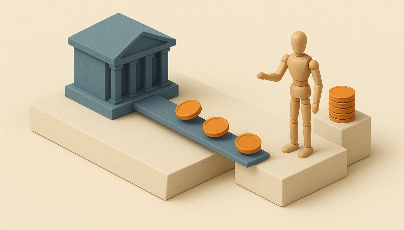 Diorama : une banque miniature relie par une passerelle a un emprunteur, des jetons circulent vers lui et une pile plus haute attend le remboursement