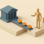 Diorama : une banque miniature relie par une passerelle a un emprunteur, des jetons circulent vers lui et une pile plus haute attend le remboursement