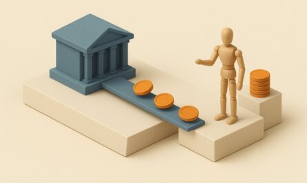 Diorama : une banque miniature relie par une passerelle a un emprunteur, des jetons circulent vers lui et une pile plus haute attend le remboursement