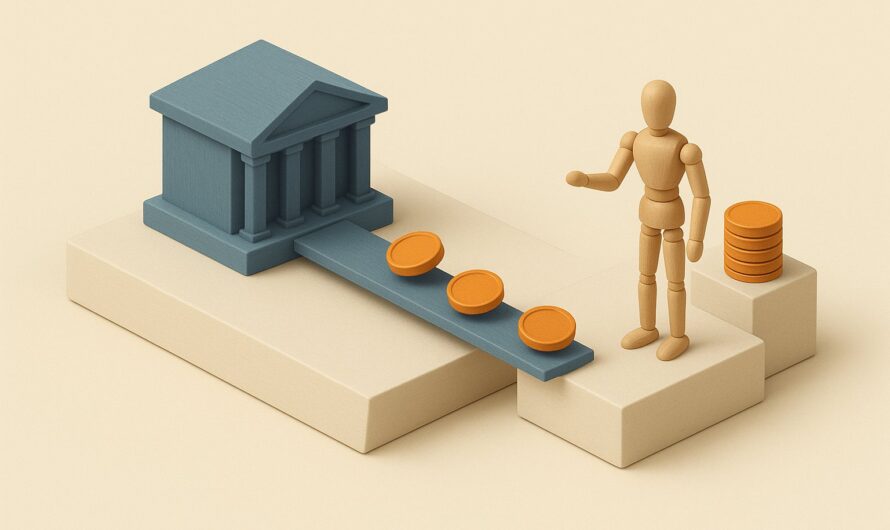 Diorama : une banque miniature relie par une passerelle a un emprunteur, des jetons circulent vers lui et une pile plus haute attend le remboursement