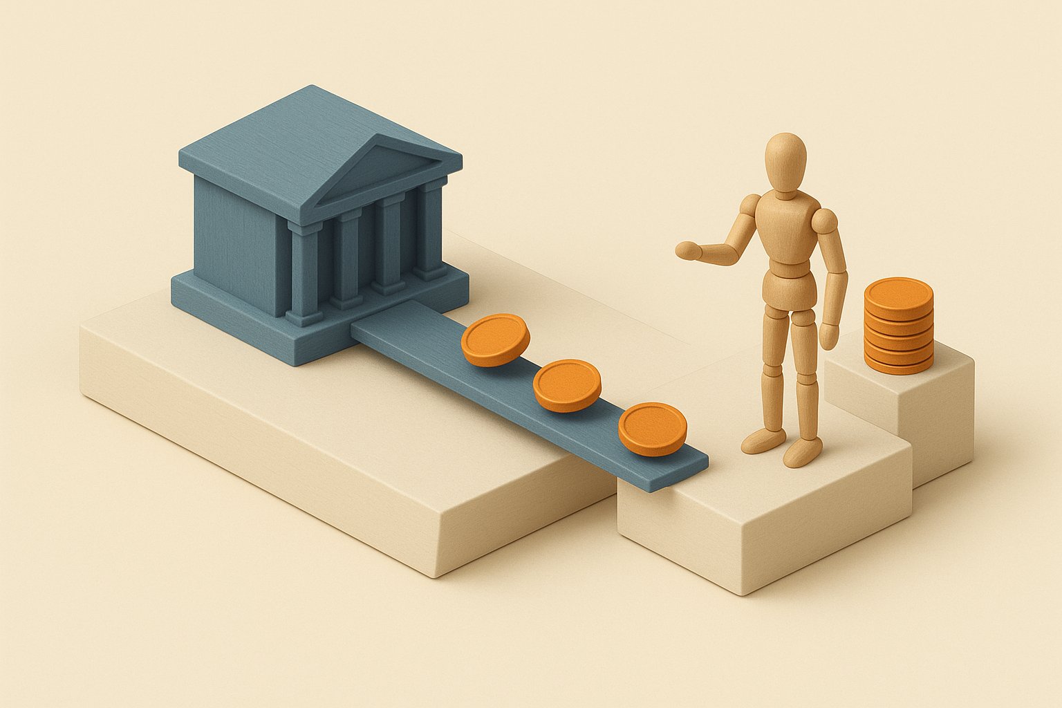 Diorama : une banque miniature relie par une passerelle a un emprunteur, des jetons circulent vers lui et une pile plus haute attend le remboursement