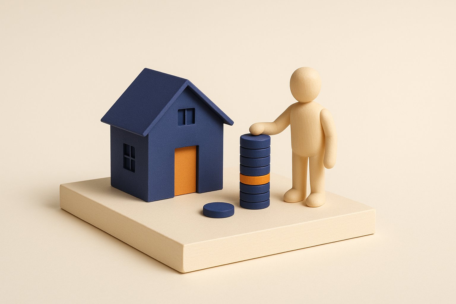 Figurine empilant des jetons à côté d'une maison miniature, symbole de l'achat immobilier payé comptant sans banque