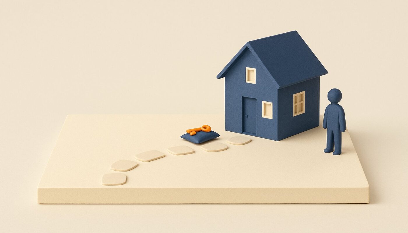 Maison miniature avec chemin de pierres et cle, achat immobilier sans credit et delai