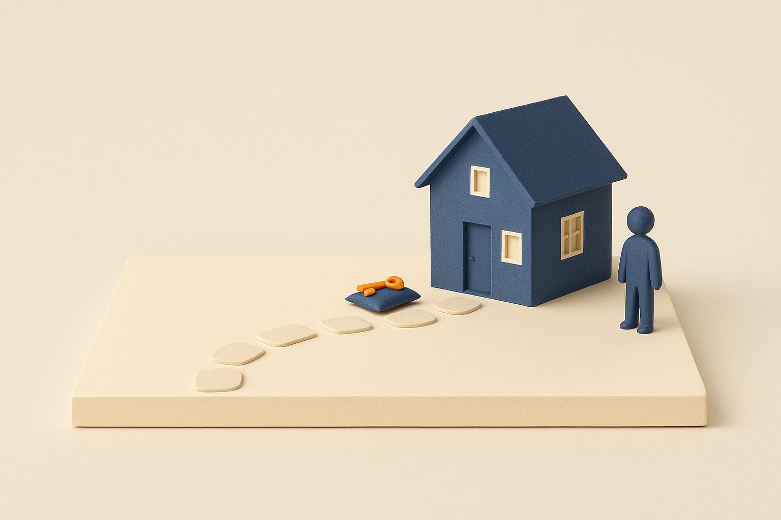 Maison miniature avec chemin de pierres et cle, achat immobilier sans credit et delai