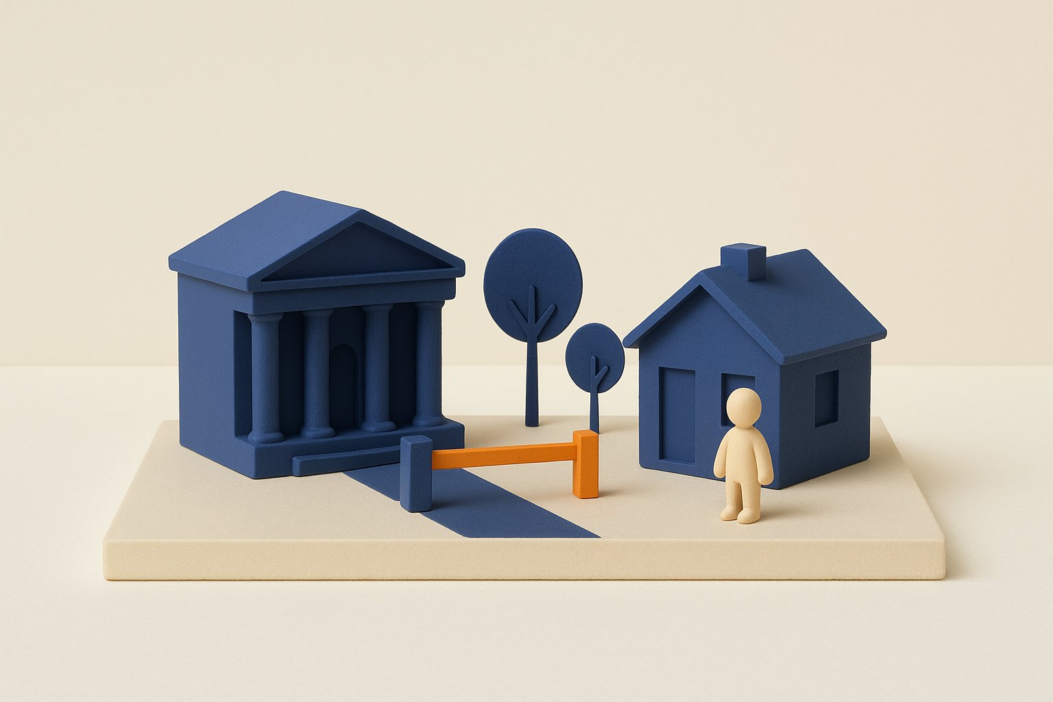 Maquette d'une mairie et d'une maison séparées par une barrière, illustrant le droit de préemption urbain de la commune
