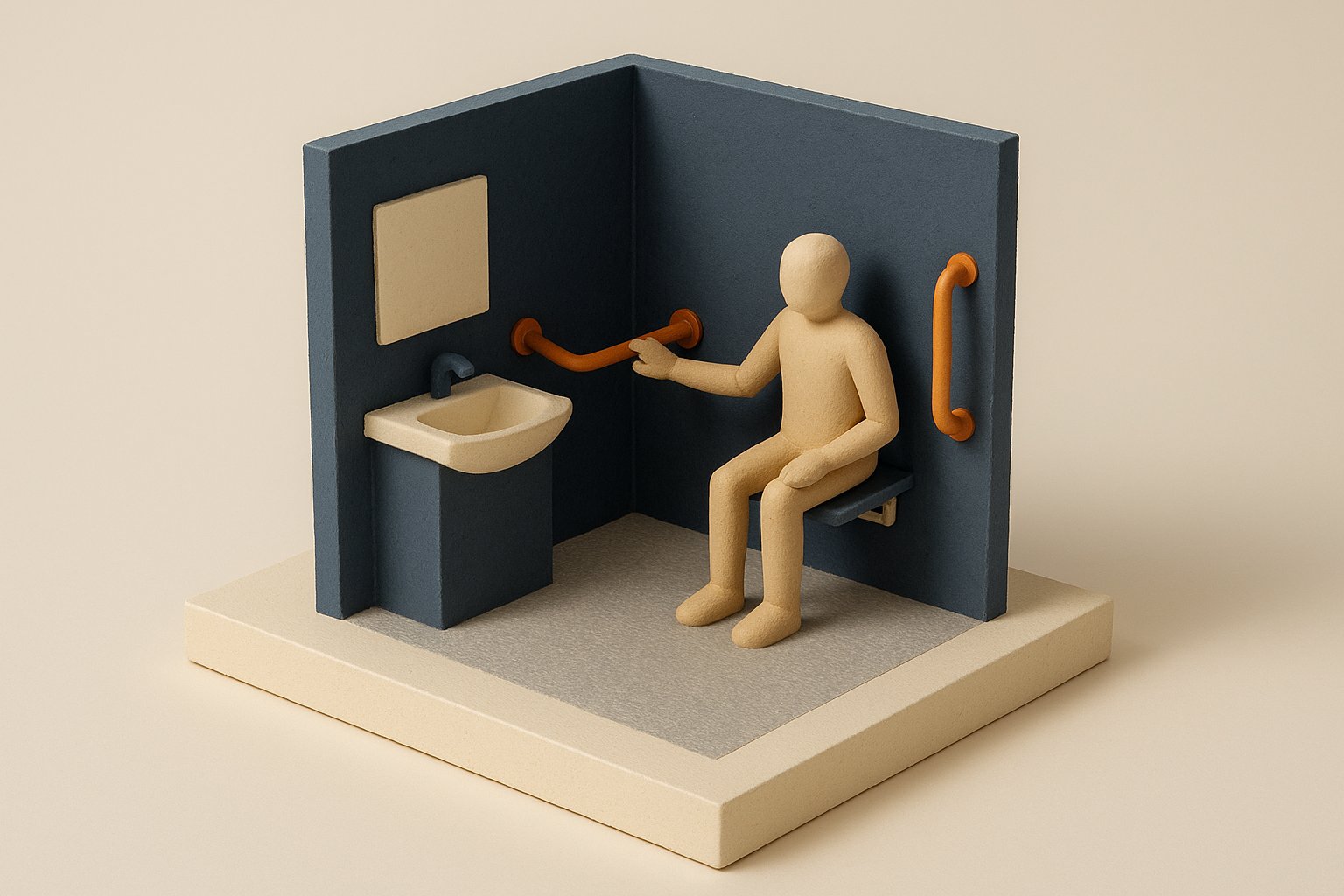 Salle de bain de senior adaptée : douche sécurisée de plain-pied, siège rabattable et barres d'appui