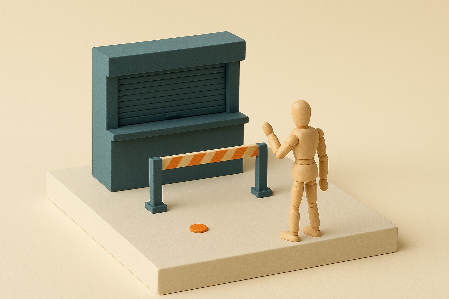 Maquette 3D d un guichet bancaire au rideau baisse barre par une barriere rayee orange devant une figurine en bois
