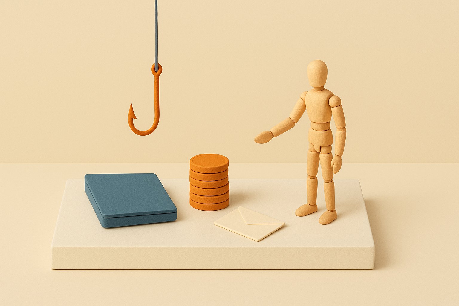 Maquette 3D d un hamecon orange suspendu au dessus d une pile de jetons oranges pres d une figurine en bois
