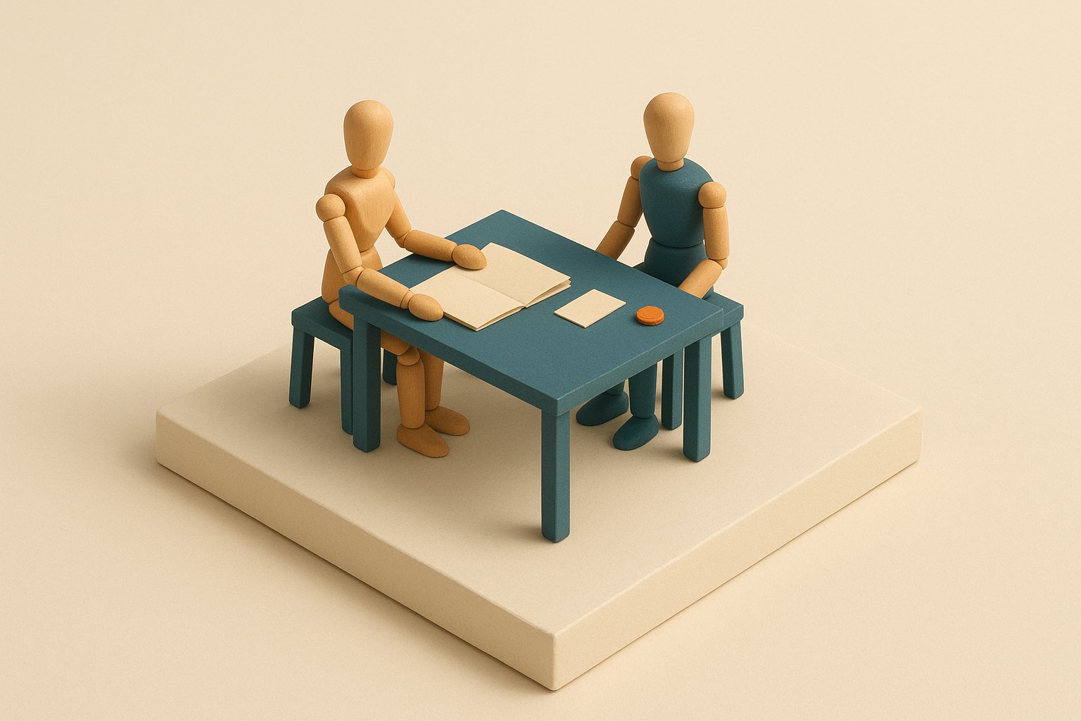 Maquette 3D de deux figurines en bois assises face a face autour d un bureau bleu avec un dossier vierge ouvert
