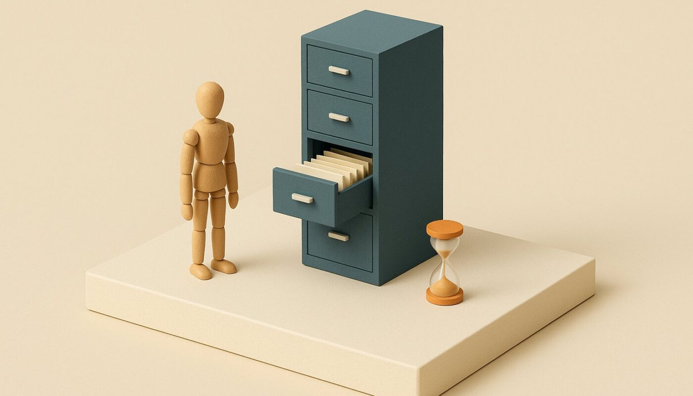 Maquette 3D d un meuble a fiches ouvert et d un sablier orange, symbole du fichage FICP et du temps qui passe