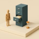 Maquette 3D d un meuble a fiches ouvert et d un sablier orange, symbole du fichage FICP et du temps qui passe
