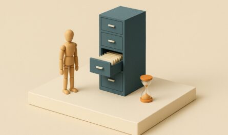 Maquette 3D d un meuble a fiches ouvert et d un sablier orange, symbole du fichage FICP et du temps qui passe