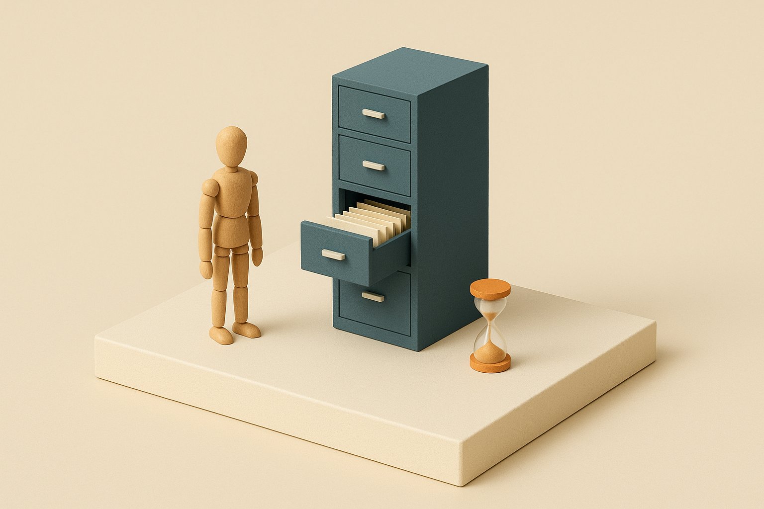 Maquette 3D d un meuble a fiches ouvert et d un sablier orange, symbole du fichage FICP et du temps qui passe
