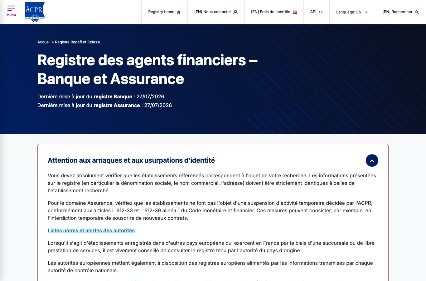 Capture d ecran du registre REGAFI de l ACPR avec son avertissement sur les arnaques et les usurpations d identite