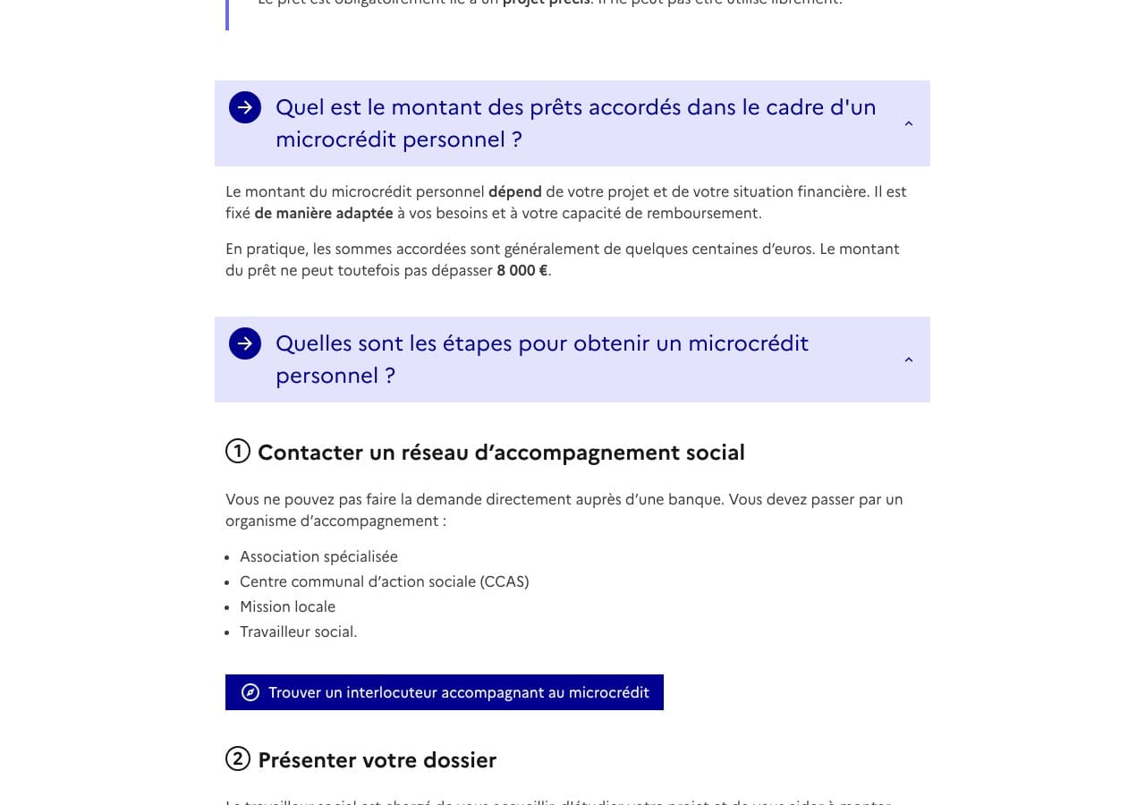 Capture d ecran de la fiche Microcredit personnel de service-public.gouv.fr : montant plafonne a 8 000 euros et obligation de passer par un reseau d accompagnement