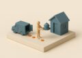 Maquette 3D : un livreur remet un plateau-repas devant une maison miniature, illustration du portage de repas a domicile ouvrant droit au credit d impot
