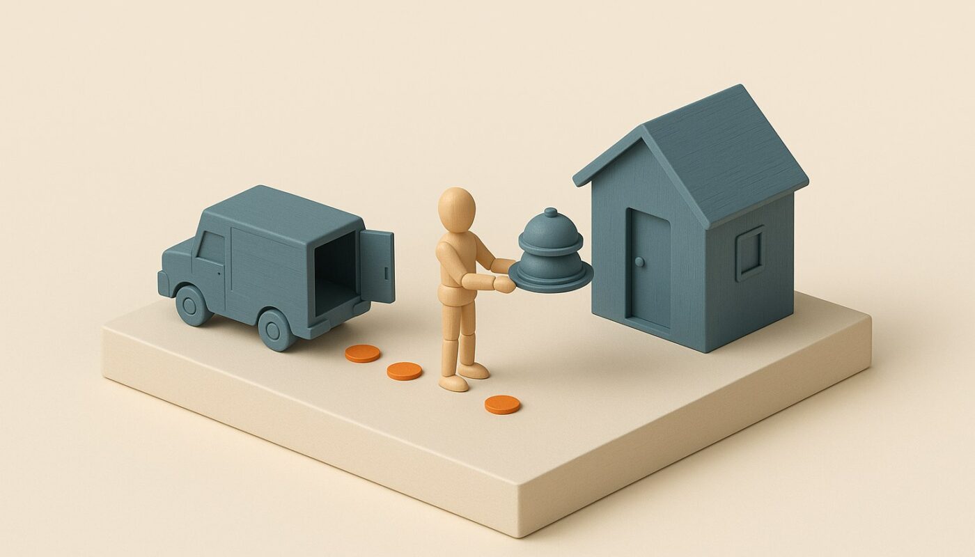 Maquette 3D : un livreur remet un plateau-repas devant une maison miniature, illustration du portage de repas a domicile ouvrant droit au credit d impot