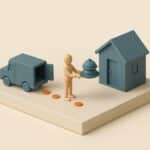 Maquette 3D : un livreur remet un plateau-repas devant une maison miniature, illustration du portage de repas a domicile ouvrant droit au credit d impot