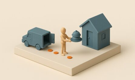 Maquette 3D : un livreur remet un plateau-repas devant une maison miniature, illustration du portage de repas a domicile ouvrant droit au credit d impot