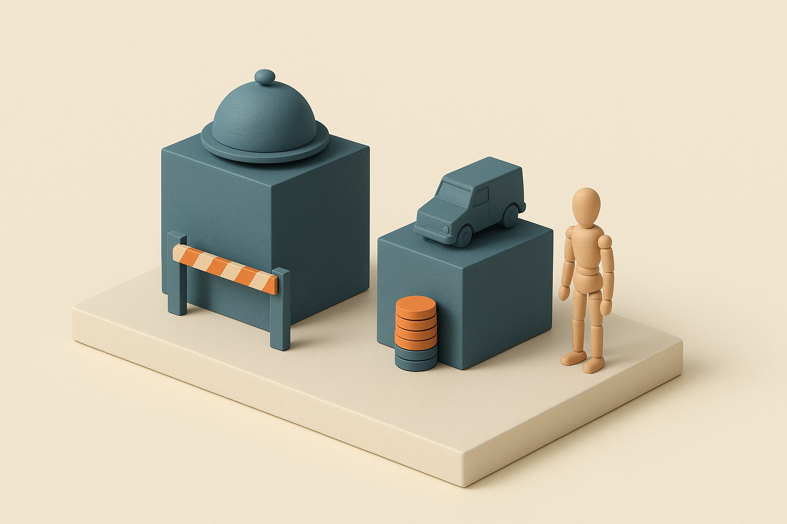 Maquette 3D : un plateau-repas sous cloche barré par une barrière orange, à côté d'un camion de livraison surmonté d'une pile de pièces