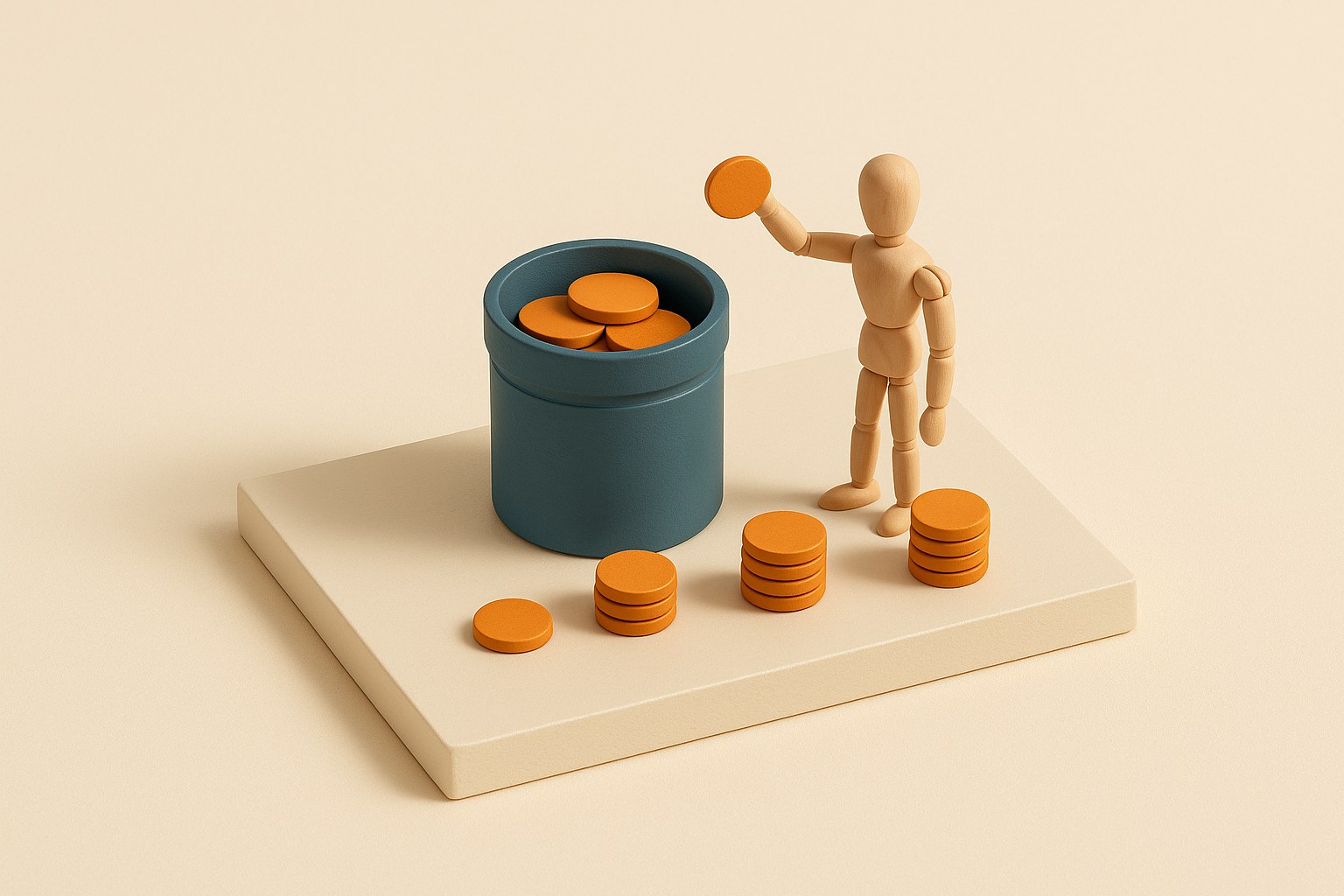 Maquette 3D : un récipient gradué se remplit de jetons oranges tandis que trois piles attendent d'être ajoutées