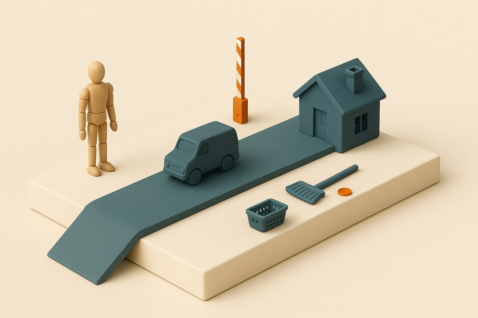 Maquette 3D : un camion de livraison franchit seul une barrière levée vers une maison, un balai et un panier de linge posés de côté