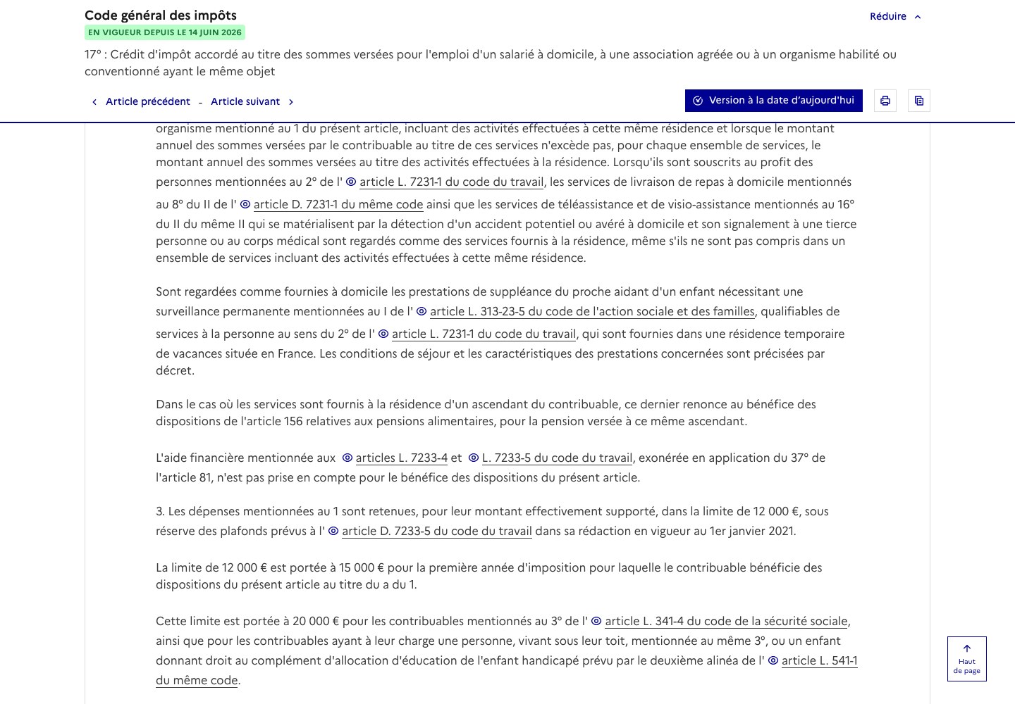Capture d'écran de l'article 199 sexdecies du code général des impôts sur Légifrance, mentionnant les services de livraison de repas à domicile