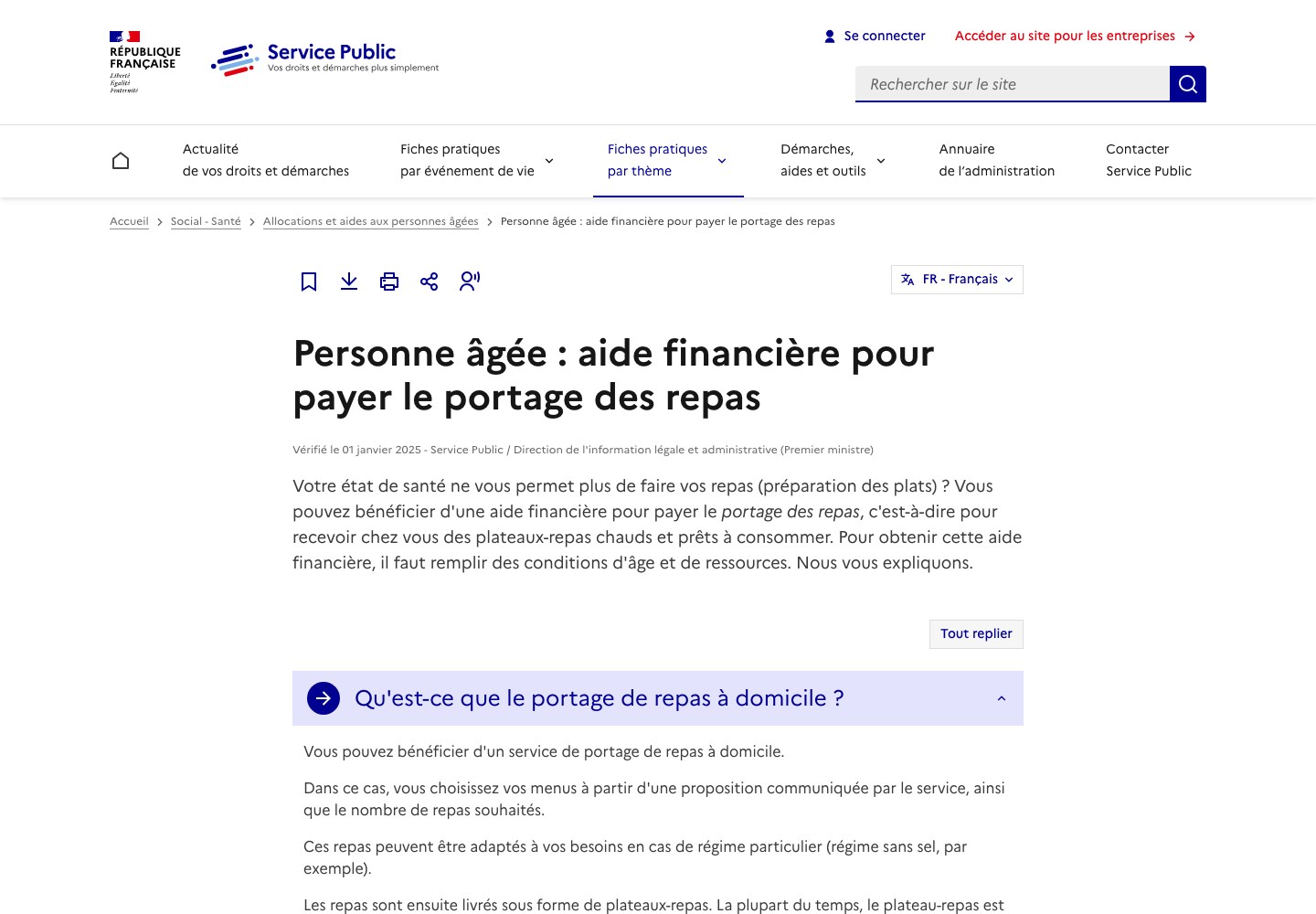 Capture d'écran de la fiche service-public.gouv.fr intitulée Personne âgée, aide financière pour payer le portage des repas