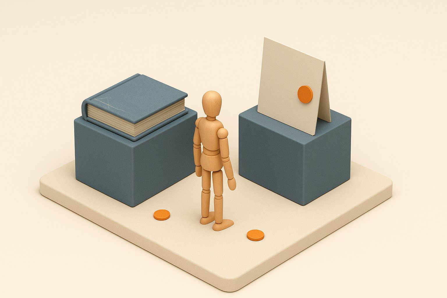 Maquette de deux socles portant l'un un vieux livre poussiéreux, l'autre une feuille neuve scellée, symbolisant l'écart entre la doctrine de 2017 et la loi de 2026