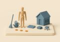 Maquette isométrique d'une maison miniature entourée d'objets de services à domicile (balai, arrosoir, ordinateur, dossiers) et d'un mannequin de bois