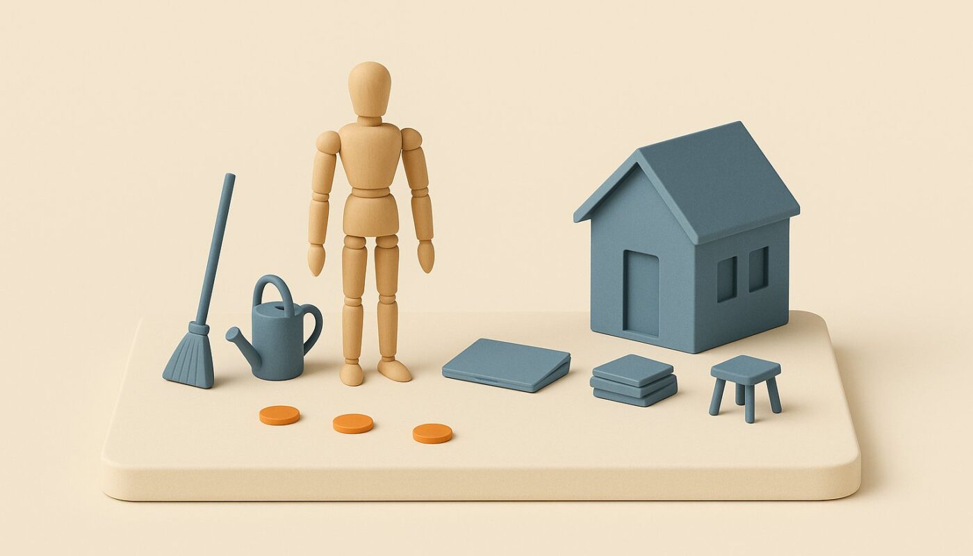 Maquette isométrique d'une maison miniature entourée d'objets de services à domicile (balai, arrosoir, ordinateur, dossiers) et d'un mannequin de bois
