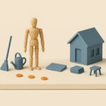 Maquette isométrique d'une maison miniature entourée d'objets de services à domicile (balai, arrosoir, ordinateur, dossiers) et d'un mannequin de bois
