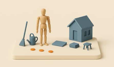 Maquette isométrique d'une maison miniature entourée d'objets de services à domicile (balai, arrosoir, ordinateur, dossiers) et d'un mannequin de bois