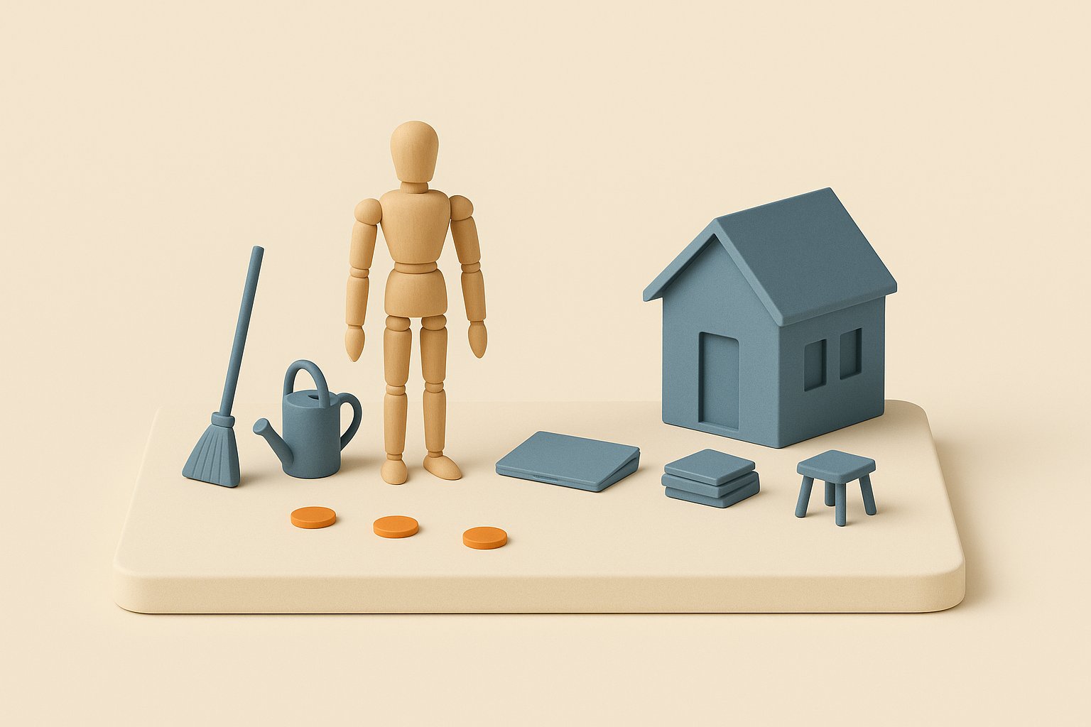 Maquette isométrique d'une maison miniature entourée d'objets de services à domicile (balai, arrosoir, ordinateur, dossiers) et d'un mannequin de bois