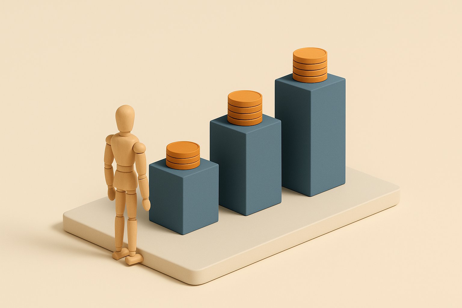 Maquette de trois marches de hauteur croissante surmontées de piles de jetons, illustrant les paliers du plafond du crédit d'impôt services à la personne