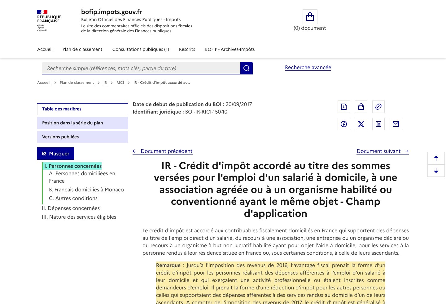 Page du BOFiP BOI-IR-RICI-150-10 affichant la date de début de publication du BOI au 20 septembre 2017