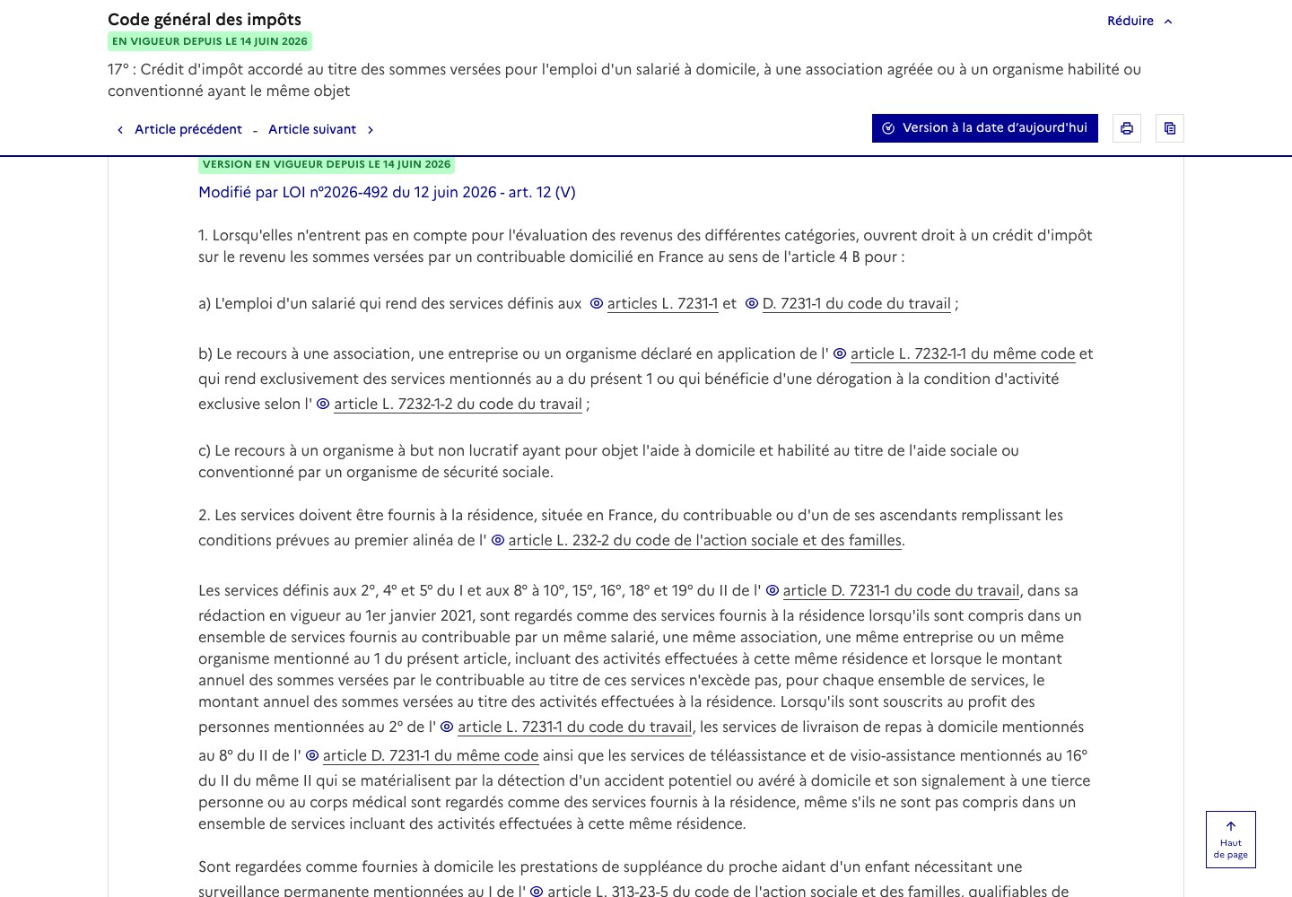 Page Légifrance de l'article 199 sexdecies du code général des impôts, bandeau En vigueur depuis le 14 juin 2026