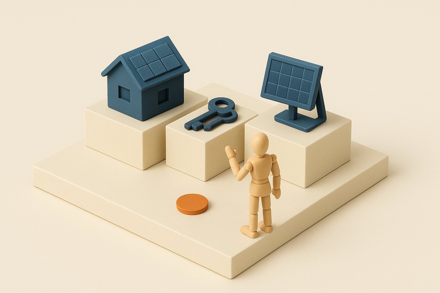 Trois socles portant une maison solaire, un trousseau de clés et un kit solaire portable : les trois voies pour équiper son logement sans crédit bancaire