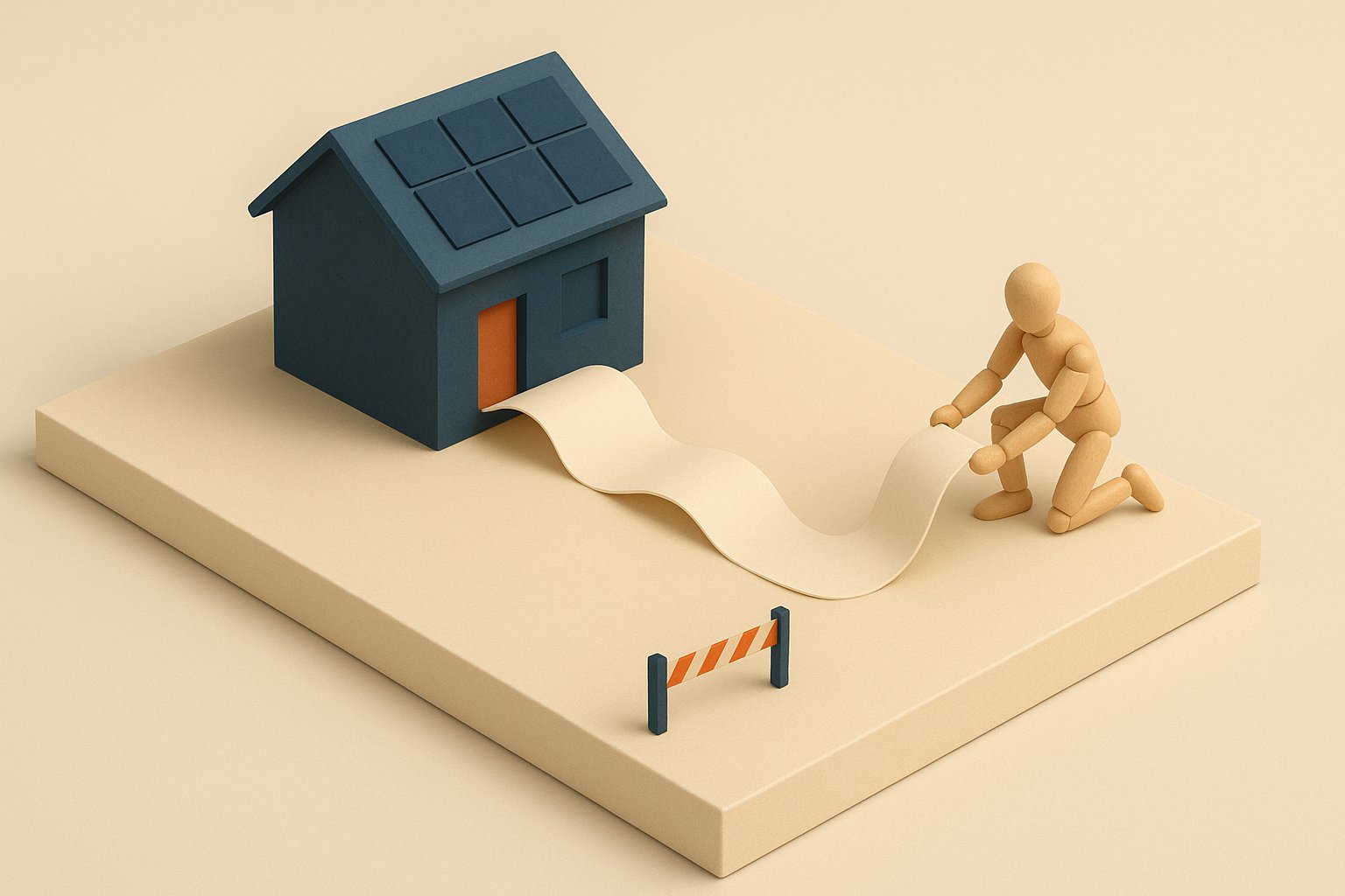 Long contrat déroulé depuis une maison à toit solaire jusqu'à une figurine agenouillée : la location solaire engage sur 15 à 20 ans