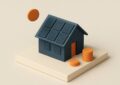 Maison miniature avec panneaux solaires sur le toit et pile de pièces posée à côté, illustrant le financement d'une installation solaire sans crédit bancaire