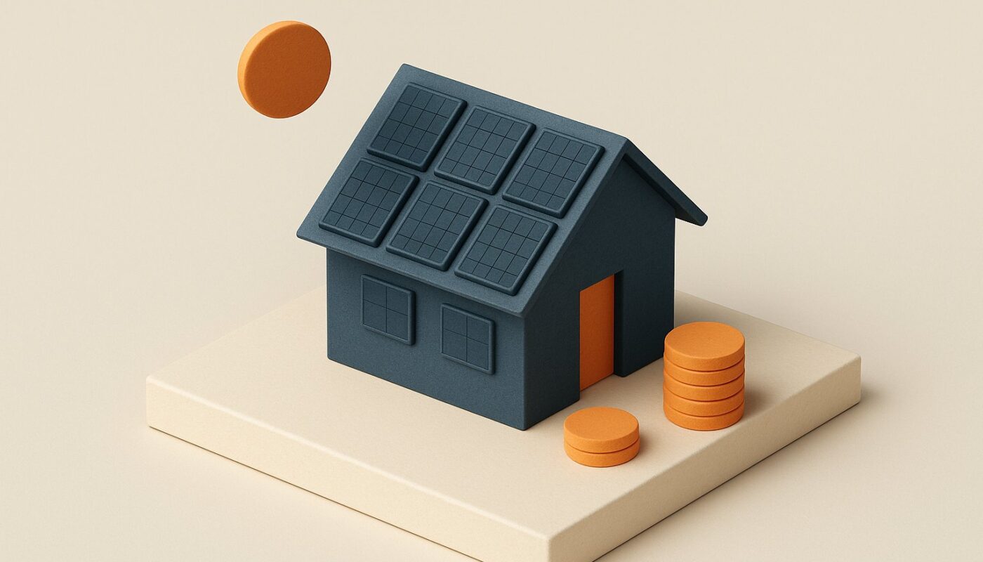 Maison miniature avec panneaux solaires sur le toit et pile de pièces posée à côté, illustrant le financement d'une installation solaire sans crédit bancaire