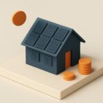 Maison miniature avec panneaux solaires sur le toit et pile de pièces posée à côté, illustrant le financement d'une installation solaire sans crédit bancaire