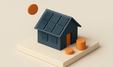 Maison miniature avec panneaux solaires sur le toit et pile de pièces posée à côté, illustrant le financement d'une installation solaire sans crédit bancaire