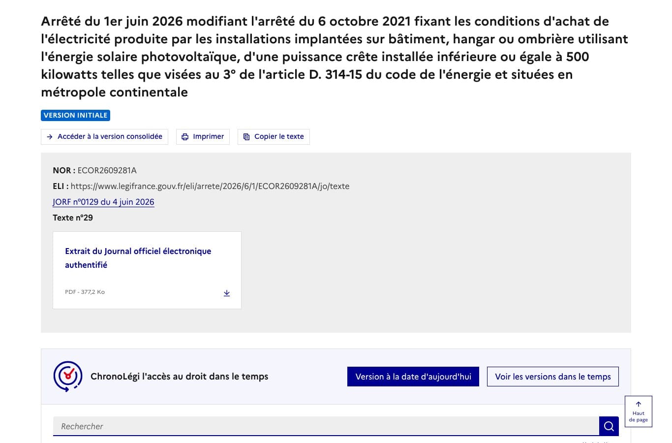 Capture d'écran de Légifrance montrant l'arrêté du 1er juin 2026 modifiant l'arrêté tarifaire photovoltaïque du 6 octobre 2021, publié au Journal officiel du 4 juin 2026