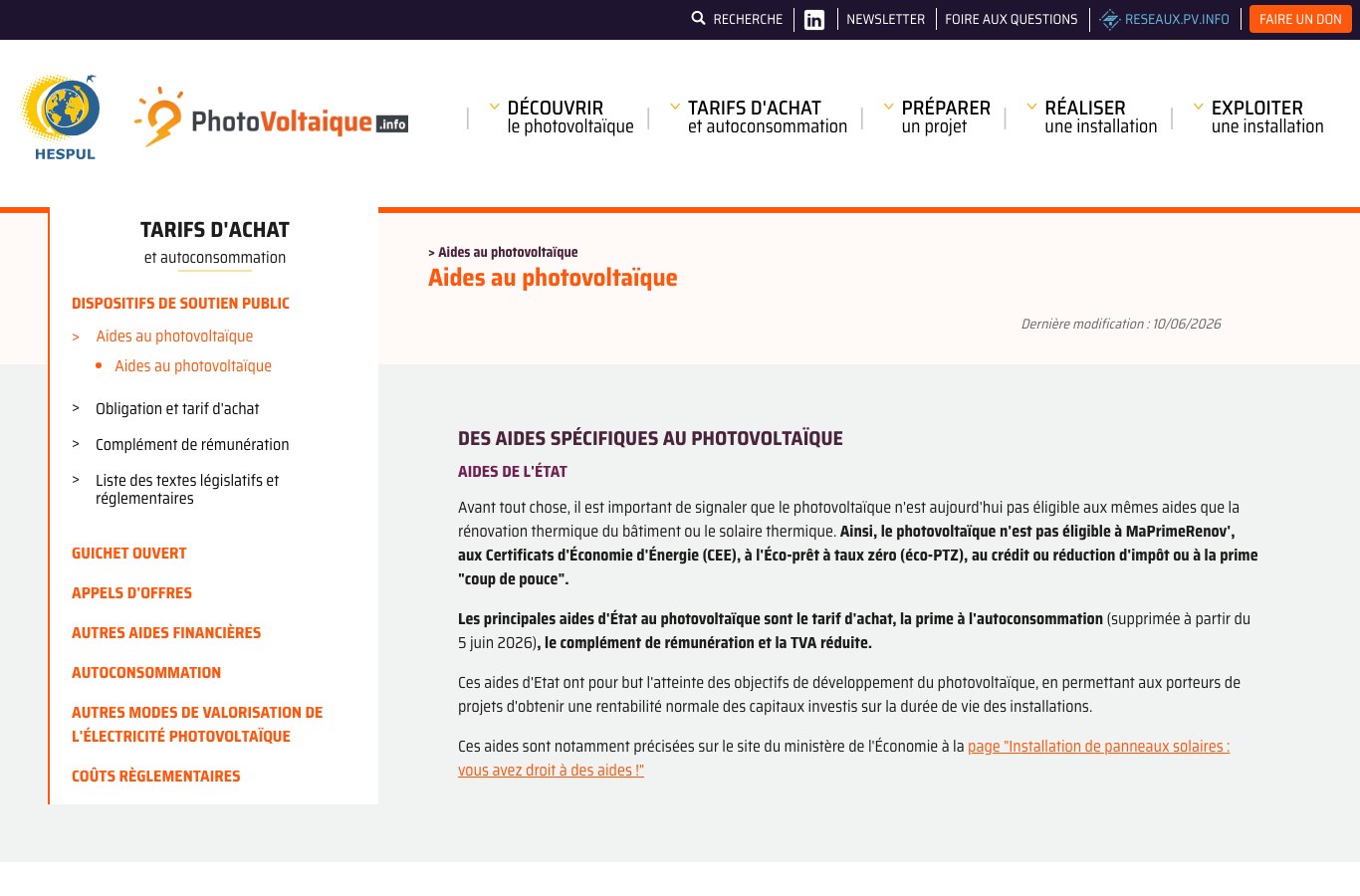 Capture d'écran de la page Aides au photovoltaïque de photovoltaique.info (HESPUL) indiquant que le photovoltaïque n'est pas éligible à MaPrimeRénov', aux CEE ni à l'éco-PTZ et que la prime à l'autoconsommation est supprimée depuis le 5 juin 2026